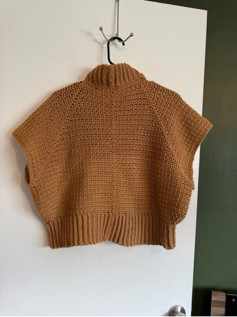 Handmade by me tan crocheted mock neck sleeveless waist length sweater